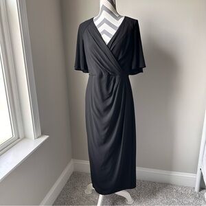 Maggy London Black Faux Wrap Midi Dress 10 Flutter Sleeve Wedding Guest Formal
